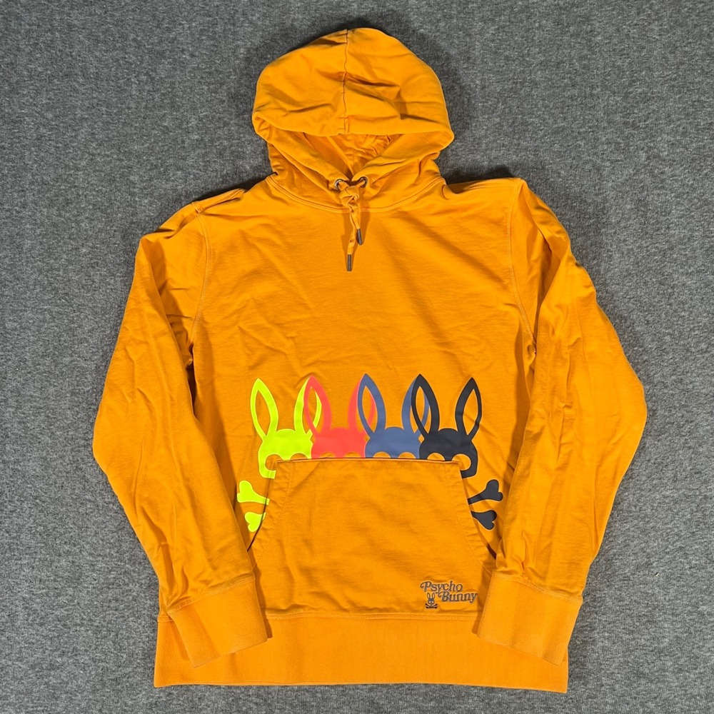 Psycho Bunny Peekaboo Yellow Orange Graphic Logo Hoodie Mens Large Pullover